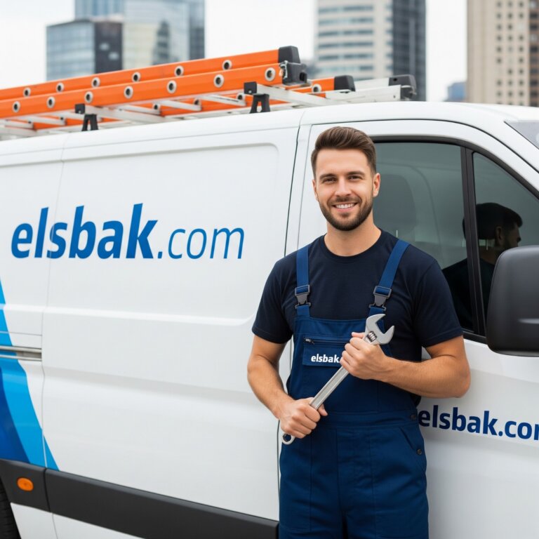a man in overalls holding a wrench next to a van